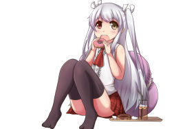 Rule 34 | 1girl, black thighhighs, commentary request, cup, cushion, doughnut, drinking glass, drinking straw, eating, food, glass, hair ribbon, heterochromia, holding, long hair, looking at viewer, no shoes, original, plaid, plaid skirt, pleated skirt, ribbon, silver hair, sitting, skirt, solo, thighhighs, two side up, yukimi unagi, zettai ryouiki
