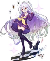Rule 34 | 1girl, :&lt;, ark order, artist request, black footwear, card, chess piece, chessboard, club (shape), diamond (shape), floating, full body, gradient hair, heart, loafers, long hair, looking at viewer, multicolored hair, neckerchief, no game no life, official art, pawn (chess), purple serafuku, purple shirt, purple skirt, purple thighhighs, sailor collar, school uniform, serafuku, shiro (no game no life), shirt, shoes, skirt, sleeves past wrists, solo, spade (shape), sparkle, standing, tachi-e, thighhighs, transparent background, very long hair, white sailor collar, yellow eyes, yellow neckerchief, zettai ryouiki