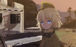 Rule 34 | 1girl, blonde hair, blue eyes, blurry, blush, building, depth of field, garrison cap, goggles, goggles around neck, hat, highres, hill, kabuyama kaigi, looking away, military, military uniform, raisa pottgen, short hair, sketch, solo, sunset, tree, uniform, upper body, witches of africa, world witches series