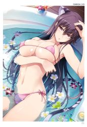 Rule 34 | 1girl, absurdres, animal ears, bare shoulders, bikini, blush, breast hold, breasts, cat ears, cat tail, cleavage, fingernails, flower, groin, hair between eyes, hand up, highres, large breasts, long fingernails, long hair, looking at viewer, navel, omega 2-d, parted lips, partially submerged, purple bikini, purple eyes, purple hair, side-tie bikini bottom, solo, strap gap, string bikini, swimsuit, tail, toranoana, very long hair, water