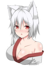 Rule 34 | 1girl, animal ears, bare shoulders, breasts, cleavage, collarbone, hat, highres, inubashiri momiji, kouyadoufu dx, large breasts, looking at viewer, off shoulder, open mouth, red eyes, silver hair, simple background, solo, tokin hat, touhou, upper body, white background, wolf ears