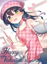 Rule 34 | 1girl, apron, bare arms, bare shoulders, black hair, black thighhighs, blurry, blurry background, blush, breasts, commentary request, depth of field, dutch angle, green eyes, hair between eyes, hair ornament, hairclip, happy valentine, head scarf, heart, holding, ichihaya, indoors, long hair, mixing bowl, naked apron, nose blush, open mouth, original, pink apron, plaid, plaid apron, small breasts, solo, spatula, thighhighs