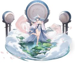 Rule 34 | 1girl, alic miao, animal ears, anklet, asashio (azur lane), asashio (robes of dancing clouds) (azur lane), azur lane, bare shoulders, barefoot, blue eyes, blue hair, breasts, cleavage, collarbone, covered navel, floating hair, flower, full body, hair flower, hair ornament, hand fan, highres, holding, holding fan, jewelry, leg up, lily pad, long hair, long sleeves, looking at viewer, navel, official alternate costume, official art, on water, parted lips, see-through, standing, standing on one leg, thigh strap, transparent background, water, wide sleeves