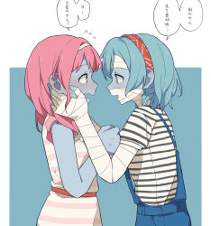 Rule 34 | 2girls, bandaged arm, bandaged head, bandages, bang dream!, blue background, blue hair, blue skin, blush, braid, clenched hand, coldcat., colored skin, commentary, cowboy shot, crossover, dress, ear blush, embarrassed, eye contact, face-to-face, hands on another&#039;s cheeks, hands on another&#039;s face, headband, highres, hikawa hina, looking at another, maruyama aya, medium hair, multiple girls, open mouth, overalls, pink dress, pink hair, profile, red headband, short hair, short sleeves, side braids, simple background, striped clothes, striped dress, translation request, wavy mouth, white dress, white headband, yuri, zombie, zombie land saga