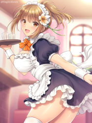 Rule 34 | 1girl, :d, apron, black dress, blurry, blurry background, blush, bow, breasts, brown eyes, brown flower, brown hair, commission, cup, depth of field, dress, drinking glass, flower, frilled apron, frilled dress, frills, hagino kouta, hair between eyes, hair flower, hair ornament, holding, holding tray, leaning forward, looking at viewer, looking to the side, maid, maid headdress, medium breasts, open mouth, orange bow, original, ponytail, puffy short sleeves, puffy sleeves, short sleeves, skeb commission, smile, solo, thighhighs, tray, twitter username, white apron, white flower, white thighhighs, window