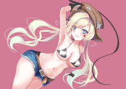 Rule 34 | 1girl, absurdres, aged up, animal print, armpits, bare shoulders, belt, bikini, bikini top only, black gloves, blonde hair, blue eyes, blush, breasts, cleavage, colt revolver (girls&#039; frontline), cow print, cowboy hat, denim, denim shorts, girls&#039; frontline, gloves, hat, heart, heart print, highres, holding, holding whip, long hair, looking at viewer, martinreaction, medium breasts, navel, open mouth, pink background, shorts, smile, solo, star tattoo, swimsuit, tattoo, whip