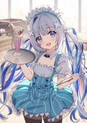 Rule 34 | 1girl, absurdres, alternate costume, amane kanata, angel wings, blue eyes, blue hair, blue wings, blunt bangs, blush, cafe, collar, colored inner hair, cup, detached collar, dress, drinking glass, drinking straw, enmaided, feathered wings, gradient wings, grey hair, hair ornament, highres, holding, holding tray, hololive, indoors, juu p, long hair, looking at viewer, maid, maid headdress, mini wings, multicolored hair, multicolored wings, open mouth, pantyhose, pink hair, puffy short sleeves, puffy sleeves, short sleeves, sidelocks, single hair intake, smile, solo, streaked hair, tray, twintails, very long hair, virtual youtuber, white collar, white wings, wings, x hair ornament