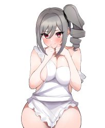 Rule 34 | 1girl, 3:, absurdres, apron, argule0901, bad id, bad pixiv id, bare arms, bare shoulders, blush, breasts, breasts squeezed together, cleavage, closed mouth, cowboy shot, drill hair, grey hair, hair between eyes, hands on own chest, highres, idolmaster, idolmaster cinderella girls, kanzaki ranko, large breasts, long hair, looking at viewer, naked apron, red eyes, side drill, side ponytail, sidelocks, simple background, solo, strap slip, sweatdrop, white apron, white background, wide hips
