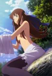 Rule 34 | 10s, 1girl, absurdres, breasts, brown hair, female focus, fractale, green eyes, highres, long hair, nature, nyantype, official art, outdoors, pantyhose, phryne (fractale), plant, sky, solo, topfreedom, topless, very long hair