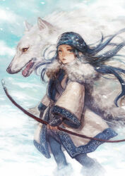Rule 34 | 1girl, ainu, ainu clothes, animal, asirpa, blue hair, blue headband, boots, bow (weapon), closed mouth, commentary request, earrings, floating hair, full body, golden kamuy, headband, highres, holding, holding bow (weapon), holding weapon, hoop earrings, jewelry, long hair, long sleeves, looking at viewer, machiko (xxmachixx), retar, sky, smoke, snow, weapon, white wolf, wolf