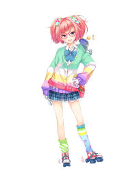 Rule 34 | 1girl, absurdres, asymmetrical legwear, bow, bowtie, cardigan, dress shirt, eyebrows, full body, girlfriend (kari), glasses, hair ornament, hand on own hip, highres, holding, looking at viewer, mismatched legwear, nejikawa raimu, official art, open mouth, pink-framed eyewear, pink hair, plaid, plaid skirt, pleated skirt, purple eyes, qp:flapper, robot, shirt, shoes, simple background, skates, skirt, sleeves past wrists, smile, sneakers, socks, solo, star (symbol), star hair ornament, star print, strap-on roller skates, striped clothes, striped legwear, striped socks, striped sweater, sweater, transparent background, twintails, white background, wrench