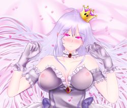Rule 34 | 1girl, absurdres, bed, blush, breasts, cleavage, closed mouth, crown, dress, female focus, gloves, glowing, glowing eyes, highres, huge filesize, large breasts, long hair, looking at viewer, luigi&#039;s mansion, lying, mario (series), new super mario bros. u deluxe, nintendo, on bed, picantium, pointy ears, princess king boo, purple eyes, ribbon, see-through, short sleeves, super crown, white dress, white gloves