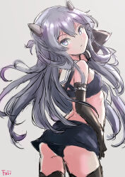 Rule 34 | 1girl, black gloves, black panties, black skirt, commentary request, cowboy shot, crop top, elbow gloves, fake horns, from behind, fuji (pixiv24804665), gloves, gradient background, grey background, grey hair, headgear, highres, horned headwear, horns, i-203 (kancolle), kantai collection, long hair, looking at viewer, looking back, midriff, panties, sailor collar, sidelocks, simple background, skirt, solo, underwear, white sailor collar