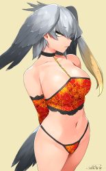 Rule 34 | 1girl, arm cuffs, arms behind back, bird tail, breasts, choker, cleavage, closed mouth, collarbone, commentary request, cowboy shot, dated, eyes visible through hair, frown, gloves, green eyes, grey hair, happa (cloverppd), head wings, kemono friends, large breasts, navel, red gloves, sanpaku, shoebill (kemono friends), signature, simple background, single sidelock, solo, tail, thong, tsurime, underwear, underwear only, wings, yellow background