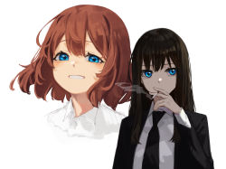 Rule 34 | 2girls, black jacket, black necktie, blue eyes, brown hair, cigarette, collared shirt, commentary, highres, holding, holding cigarette, jacket, long hair, looking at viewer, mole, mole under eye, multiple girls, necktie, nuri (yoon cook), original, parted lips, shirt, short hair, simple background, smile, smoking, suit jacket, white background, white shirt, yoon cook