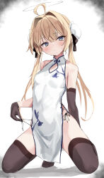 Rule 34 | 1girl, absurdres, ahoge, arm behind back, bare shoulders, black gloves, black ribbon, black thighhighs, blonde hair, blue eyes, blush, breasts, breasts apart, bun cover, chest cutout, china dress, chinese clothes, closed mouth, commentary request, covered navel, dot nose, double bun, dress, elbow gloves, floral print, gloves, hair between eyes, hair bun, hair ribbon, highres, kneeling, long bangs, long hair, looking at viewer, no panties, no shoes, original, pelvic curtain, print dress, raised eyebrows, ribbon, shadow, side-tie dress, side slit, sidelocks, simple background, sleeveless, sleeveless dress, small breasts, solo, string pull, thighhighs, toshizou (0714), twintails, white background, white dress