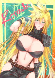 Rule 34 | 1girl, armor, asymmetrical clothes, asymmetrical gloves, black gloves, blush, breasts, cigar cat, cloud strife, final fantasy, final fantasy vii, final fantasy vii remake, fingerless gloves, genderswap, genderswap (mtf), gloves, green eyes, highres, large breasts, long hair, midriff, navel, pauldrons, shoulder armor, solo, spiked hair, suspenders, uneven gloves, very long hair