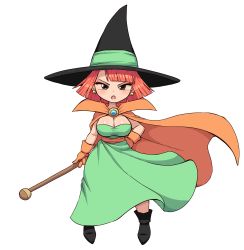 Rule 34 | 1girl, :o, absurdres, angry, breasts, cape, cleavage, clothes, dragon quest, dragon quest iii, enix, hat, highres, large breasts, mage (dq3), medium hair, open mouth, orange hair, simmsyfart, simple background, solo, stick, white background, witch hat
