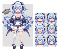 Rule 34 | 1girl, apron, asymmetrical legwear, bare shoulders, black choker, black footwear, black nails, black wings, blue eyes, blue hair, blue ribbon, bow, breasts, bridal garter, choker, cleavage, closed eyes, demon girl, demon horns, dress, expressions, footwear bow, full body, heart, heart-shaped pupils, heart o-ring, highres, horns, indie virtual youtuber, large breasts, long hair, maid, maid headdress, maou chirorunia, msp sammy, off-shoulder dress, off shoulder, open mouth, ribbon, second-party source, shortstack, single thighhigh, socks, strapless, strapless dress, symbol-shaped pupils, thighhighs, two-tone dress, virtual youtuber, white apron, white socks, white thighhighs, wings