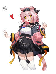 Rule 34 | 1girl, :d, absurdres, animal ears, arknights, black bracelet, black hairband, black skirt, blue bow, bow, braid, cat ears, cat girl, cat tail, coat, floppy ears, garter straps, goldenglow (arknights), hairband, hands up, heart, highres, id card, jacket, lightning bolt print, long hair, multicolored coat, open mouth, pink coat, pink hair, pink jacket, print hairband, scissors, scottish fold, shirt, simple background, single braid, skirt, smile, solo, standing, suye, tail, thighhighs, two-tone coat, white background, white shirt, yellow eyes