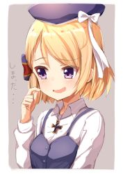 Rule 34 | 1girl, ame., azur lane, beret, blonde hair, blue dress, blue hat, blush, bow, collared shirt, commentary request, cross, dress, dress shirt, grey background, hair bow, hat, hat bow, iron cross, looking away, nervous smile, open mouth, scratching cheek, shirt, short hair, sleeveless, sleeveless dress, smile, solo, striped, striped bow, sweat, translation request, two-tone background, upper body, white background, white bow, white shirt, z23 (azur lane)