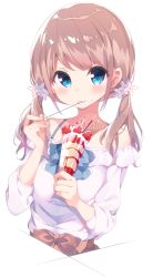 Rule 34 | 1girl, 3:, blouse, blue eyes, blush, brown dress, brown hair, camisole, chikuwa., closed mouth, cream, cream on face, cup, dress, drinking glass, eating, flower, food, food on face, fruit, hair flower, hair ornament, highres, holding, holding cup, holding drinking glass, holding food, holding spoon, light brown hair, looking at viewer, low twintails, off shoulder, original, parfait, pocky, shirt, simple background, solo, spoon, strawberry, sweets, twintails, upper body, whipped cream, white background, white flower, white shirt