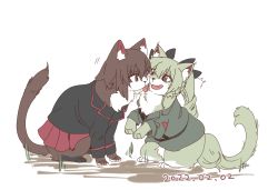Rule 34 | :p, ^^^, anchovy (girls und panzer), animalization, anzio military uniform, black jacket, black ribbon, brown eyes, brown hair, cat, commentary, dated, drill hair, fang, girls und panzer, green hair, grey jacket, hair ribbon, hasekura (hachinochun), jacket, licking, long sleeves, looking at another, motion lines, nishizumi maho, no humans, open mouth, pleated skirt, red skirt, ribbon, simple background, skirt, smile, tongue, tongue out, twin drills, twintails, white background