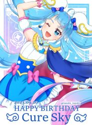 Rule 34 | 1girl, blue background, blue cape, blue eyes, blue hair, border, brooch, cape, character name, cure sky, cut bangs, dated, detached sleeves, dress, earrings, fingerless gloves, gloves, happy birthday, hirogaru sky! precure, jewelry, long hair, magical girl, one eye closed, pink background, precure, puffy detached sleeves, puffy sleeves, red cape, single sidelock, smile, solo, sora harewataru, tanshi tanshi, twintails, two-sided cape, two-sided fabric, very long hair, white border, white gloves, wing brooch, wing hair ornament