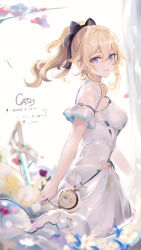 Rule 34 | 1girl, alternate costume, black bow, blonde hair, blue eyes, bow, breasts, cat23, chinese commentary, commentary request, cross, cross earrings, dated, dress, earrings, flower, from side, genshin impact, hair between eyes, hair bow, highres, jean (genshin impact), jewelry, long hair, looking at viewer, looking to the side, medium breasts, ponytail, short sleeves, sidelocks, signature, smile, solo, sword, weapon, white dress
