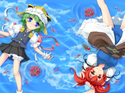 Rule 34 | 2girls, arms behind head, arms up, blue eyes, cloud, day, female focus, flower, from above, green hair, hair bobbles, hair ornament, hat, lying, multiple girls, on back, onozuka komachi, red eyes, red hair, reflection, reflective water, rotational symmetry, shiki eiki, short hair, smile, spider lily, touhou, twintails, two side up, wapokichi, water
