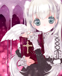 Rule 34 | 1girl, angel, angel wings, book, hato rami, holding, holding book, long hair, looking at viewer, original, parted lips, rosary, grey eyes, silver hair, solo, twintails, wings