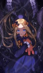 Rule 34 | 1girl, abigail williams (fate), black dress, black hat, blonde hair, blue eyes, bow, dress, fate/grand order, fate (series), hair bow, hat, holding, holding stuffed toy, hu kotora, keyhole, long hair, looking at viewer, multiple hair bows, orange bow, parted bangs, polka dot, polka dot bow, solo, stuffed animal, stuffed toy, teddy bear, tentacles