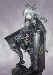 Rule 34 | 1girl, armor, armored boots, boots, braid, breastplate, colored eyelashes, commentary request, fleur-de-lis, full body, gauntlets, grey eyes, grey hair, highres, holding, holding shield, knight, konno takashi, long hair, looking at viewer, original, plate armor, shield, shoulder armor, solo, sword, weapon