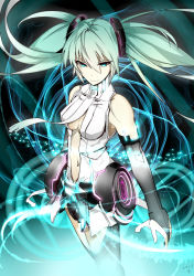 Rule 34 | 10s, 1girl, 2014, absurdres, aqua eyes, bridal gauntlets, center opening, dated, floating hair, green hair, hatsune miku, hatsune miku (append), highres, navel, shiimai, solo, thighhighs, twintails, vocaloid, vocaloid append