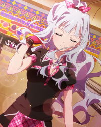 Rule 34 | 10s, 1girl, artist request, bowling, bowling glove, closed eyes, fingerless gloves, gloves, hair flip, hair ribbon, idolmaster, idolmaster (classic), idolmaster million live!, jewelry, lens flare, necklace, official art, ponytail, ribbon, shijou takane, silver hair, smile, solo, sparkle, wavy hair