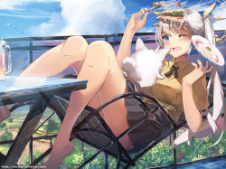 Rule 34 | 1girl, animal, animal ears, bare legs, barefoot, beer mug, black skirt, blue eyes, blue sky, chair, cloud, creature, cup, day, deviantart username, dropping, falling, feet out of frame, food, hair ribbon, highres, holding, holding spoon, long hair, miniskirt, mug, nail polish, neck ribbon, one eye closed, open mouth, original, outdoors, plate, pleated skirt, pouncing, ribbon, sandwich, shirt, skirt, sky, spoon, surprised, table, tail, twintails, vierzeck, watermark, web address, white hair, wince, yellow ribbon, yellow shirt