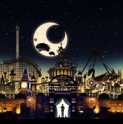 Rule 34 | 1boy, abstract, aircraft, airship, album cover, amusement park, bad id, bad pixiv id, cat, clock, clock tower, clockwork, cover, crescent moon, curtains, gate, harada miyuki, highres, male focus, mixed media, moon, night, original, rocket, roller coaster, scenery, silhouette, solo, tower