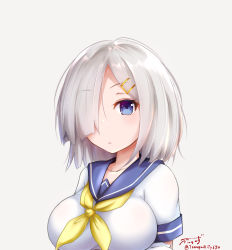 Rule 34 | 1girl, artist logo, baileys (tranquillity650), blue eyes, blue sailor collar, breasts, commentary request, grey background, hair ornament, hair over one eye, hairclip, hamakaze (kancolle), highres, kantai collection, large breasts, looking at viewer, neckerchief, sailor collar, school uniform, serafuku, short hair, silver hair, solo, twitter username, upper body, yellow neckerchief