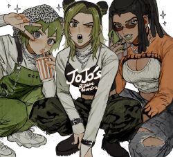 Rule 34 | 3girls, black footwear, black hair, black nails, blush, boots, breasts, cleavage, closed mouth, crop top, cup, dark-skinned female, dark skin, drinking, drinking straw, ermes costello, fangs, foo fighters (jojo), green eyes, green hair, green lips, green overalls, grey eyes, highres, holding, holding cup, jewelry, jojo no kimyou na bouken, kuujou jolyne, large breasts, lipstick, makeup, multiple girls, neg 50asu, orange nails, parted lips, ring, shoes, short hair, sneakers, stone ocean, sunglasses, teeth, v, white footwear