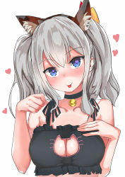 Rule 34 | 10s, 1girl, :p, animal ears, bell, neck bell, black bra, blue eyes, bra, breasts, cat cutout, cat ears, cat lingerie, choker, cleavage, cleavage cutout, clothing cutout, fake animal ears, grey hair, heart, heart-shaped pupils, highres, kantai collection, kashima (kancolle), looking at viewer, meme attire, paw pose, short hair, simple background, solo, st on, symbol-shaped pupils, tongue, tongue out, twintails, underwear, white background