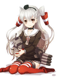 Rule 34 | 10s, 1girl, amatsukaze (kancolle), brown eyes, dress, garter straps, gloves, kantai collection, long hair, looking at viewer, midori (rimaru), personification, rensouhou-kun, sailor dress, school uniform, serafuku, short dress, silver hair, single glove, solo, striped clothes, striped thighhighs, thighhighs, twintails, two side up, white background, zettai ryouiki