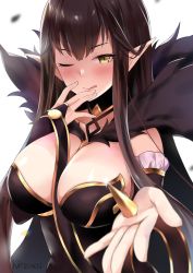 Rule 34 | 1girl, ;q, artist name, bare shoulders, black dress, black hair, breasts, detached sleeves, dress, fate/apocrypha, fate (series), kaetzchen, large breasts, long hair, looking at viewer, one eye closed, outstretched arm, pointy ears, semiramis (fate), solo, tongue, tongue out, yellow eyes