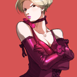 Rule 34 | 1girl, blonde hair, breasts, choker, cleavage, dress, earrings, elbow gloves, falcoon, flower, formal, gloves, jewelry, king (snk), lipstick, makeup, red dress, rose, ryuuko no ken, short hair, snk, solo, the king of fighters