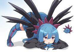 Rule 34 | 1girl, blue footwear, blue gloves, blue hair, blue skirt, blush, boots, chibi, chibi inset, commentary request, creatures (company), game freak, gen 5 pokemon, gloves, hair between eyes, hair ornament, hydreigon, jack-o&#039; challenge, long hair, maks (makusu 210), nintendo, open mouth, personification, pokemon, purple eyes, skirt, thigh boots, thighhighs, tongue