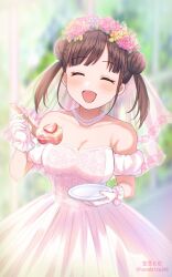 Rule 34 | 1girl, ^ ^, artist name, bare shoulders, blurry, blurry background, blush, breasts, bridal veil, brown hair, cake, cake slice, cleavage, closed eyes, collarbone, detached sleeves, dot nose, double bun, dress, flower, flower wreath, food, fork, frilled gloves, frills, fruit, gloves, hair bun, hands up, highres, holding, holding fork, holding plate, idolmaster, idolmaster shiny colors, indoors, jewelry, lace, lace-trimmed dress, lace trim, large breasts, long hair, necklace, open mouth, pearl necklace, pink flower, pink rose, plate, purple flower, rose, sleeveless, sleeveless dress, smile, solo, sonoda chiyoko, soramame tomu, strawberry, tree, twintails, twitter username, veil, wedding dress, white dress, white gloves, white sleeves, window, yellow flower