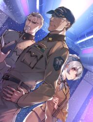 1girl 2boys absurdres belt book brown_hair character_request closed_mouth dutch_angle facial_hair fantasia_re:build full_metal_panic! glasses grey_hair hat highres indoors lamp long_sleeves military_uniform multiple_boys mustache official_art peaked_cap pocket short_hair teletha_testarossa third-party_source