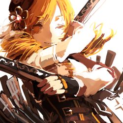 Rule 34 | 10s, 1girl, beret, blonde hair, corset, detached sleeves, drill hair, fingerless gloves, gloves, gun, hair ornament, hairpin, hat, lemontea, magical girl, magical musket, mahou shoujo madoka magica, mahou shoujo madoka magica (anime), musket, one eye closed, puffy sleeves, rifle, simple background, skirt, smile, solo, tomoe mami, twin drills, twintails, weapon, yellow eyes