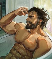 Rule 34 | 1boy, abs, absurdres, arcane: league of legends, bara, bare pectorals, bare shoulders, bathroom, bathtub, beard, brown hair, closed mouth, facial hair, from side, highres, jessebrart, league of legends, male focus, mature male, muscular, muscular male, nipples, pectorals, solo, vander (arcane)