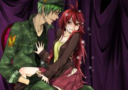 Rule 34 | 1boy, 1girl, bad id, bad pixiv id, cardigan, couple, dandruff, dog tags, fatalizer, flaky (happy tree friends), flippy (happy tree friends), green hair, happy tree friends, hat, hetero, military, military uniform, pleated skirt, red hair, sitting, sitting on lap, sitting on person, skirt, tears, undressing, uniform