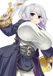 Rule 34 | 1girl, alternate breast size, belt, blue eyes, book, breasts, coat, fire emblem, fire emblem awakening, gloves, grey hair, highres, holding, holding sword, holding weapon, huge breasts, levin sword, long hair, nintendo, parted lips, roah, roahnon, robin (female) (fire emblem), robin (fire emblem), simple background, solo, strap, sword, twintails, weapon, white background